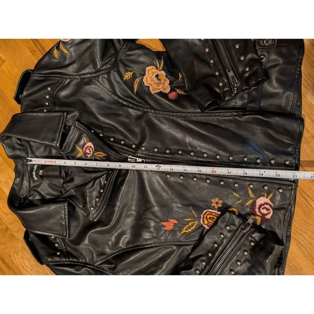 Embroidered Studded Moto Faux Leather Jacket Women's Large Sugarlips - Picture 16 of 16